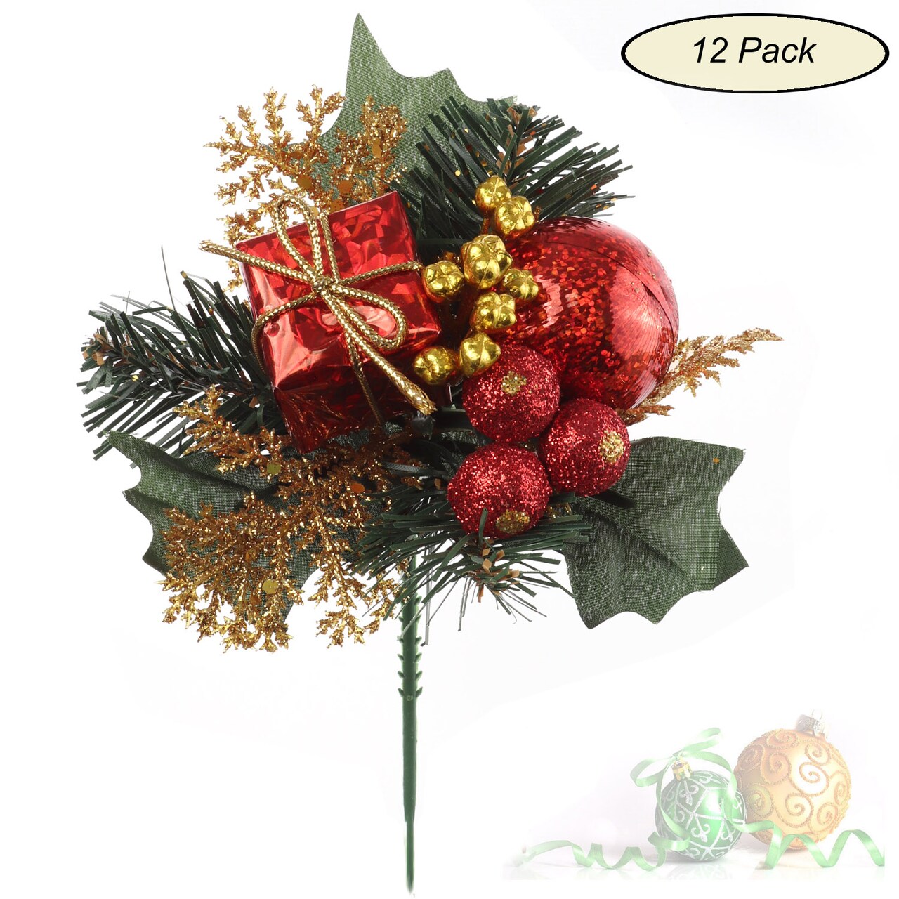 Set of 12 Red and Gold Holly Christmas Picks, Festive Decor for Trees, Wreaths & Gift Wrapping - 2024 Christmas Collection, Floral Home by Artificial Flowers
